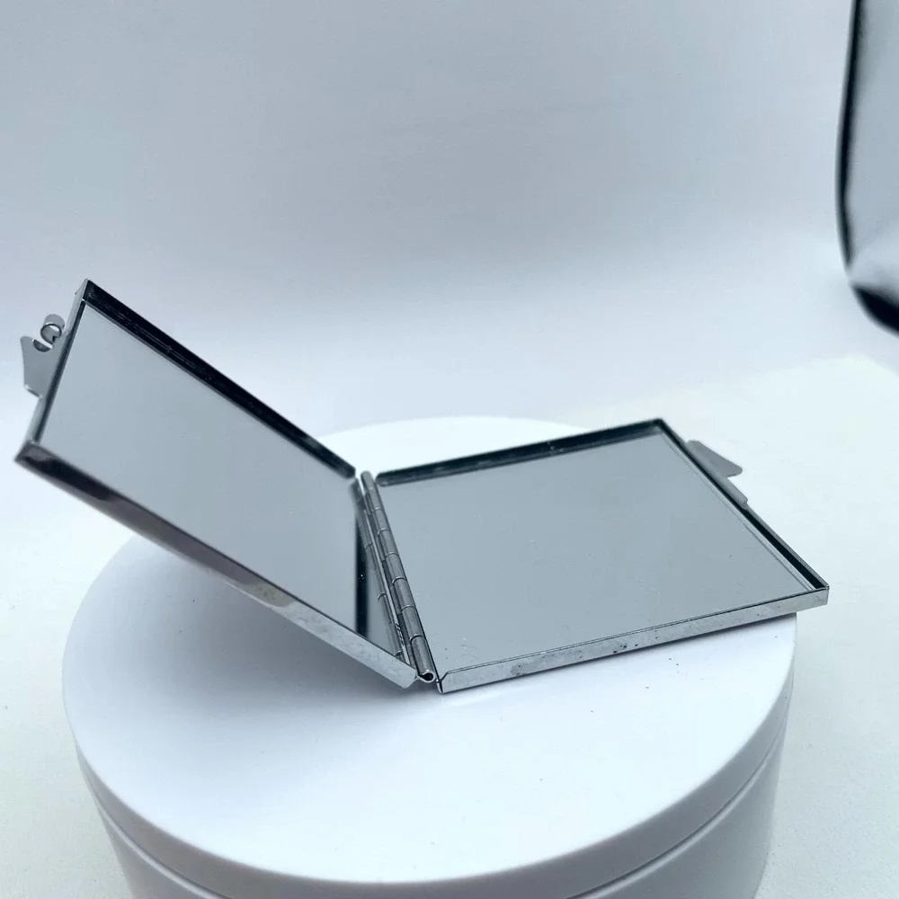 Classic Silver-Tone Rhinestones Embellished Square Compact Pocket Makeup Mirror